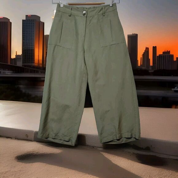 Contact Women’s Capri Rami- Rayon Blend M Army Green Wide Leg Minimalist Neutral - Picture 16 of 16